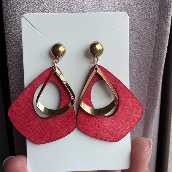 Red Earrings with Hollow Out Geometric Drop For Women - Picture 2 of 2